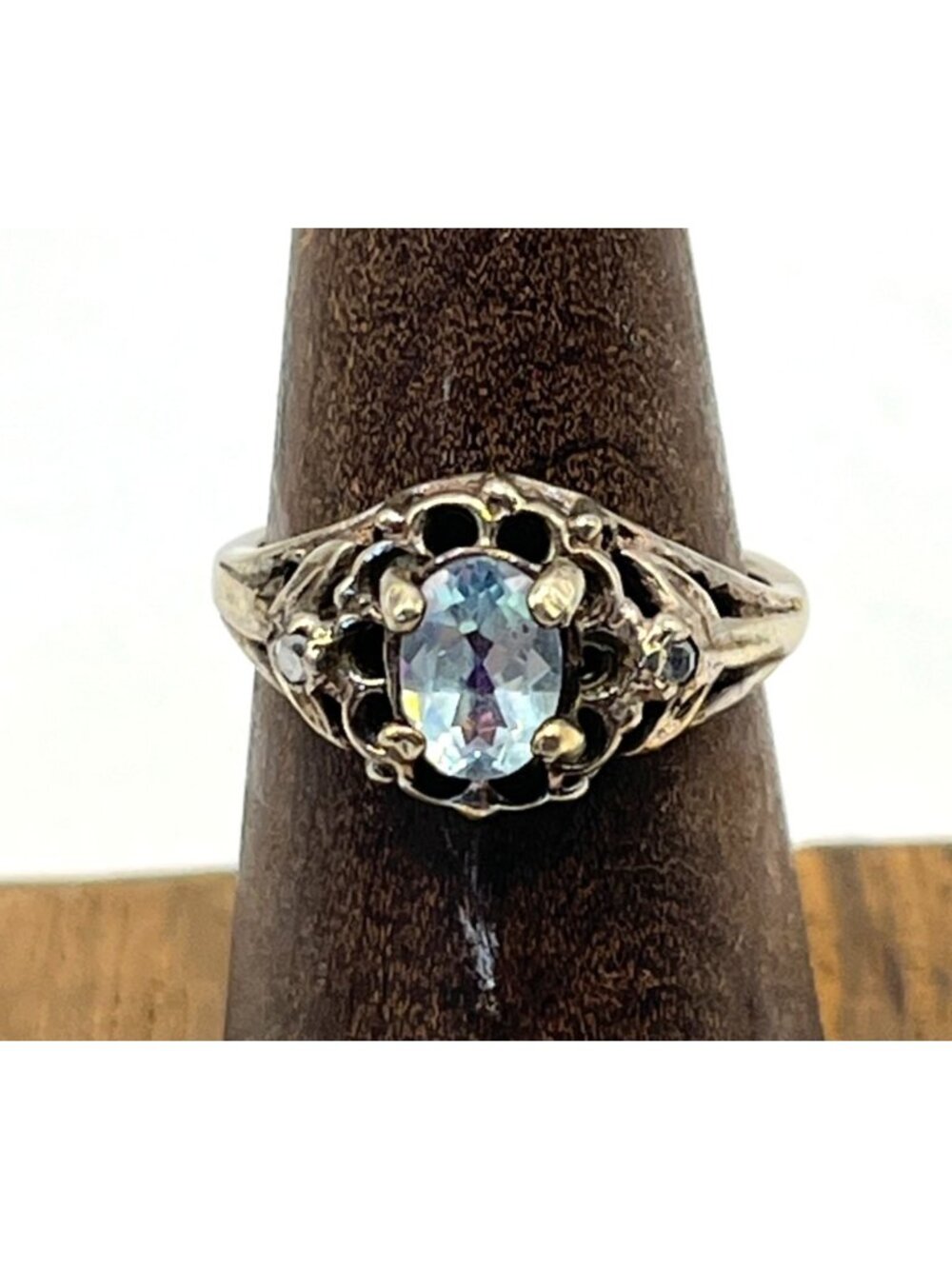 Sterling Silver 925 Ring With Aqua Stone & Diamond/Moissanite Side Stones Size 6